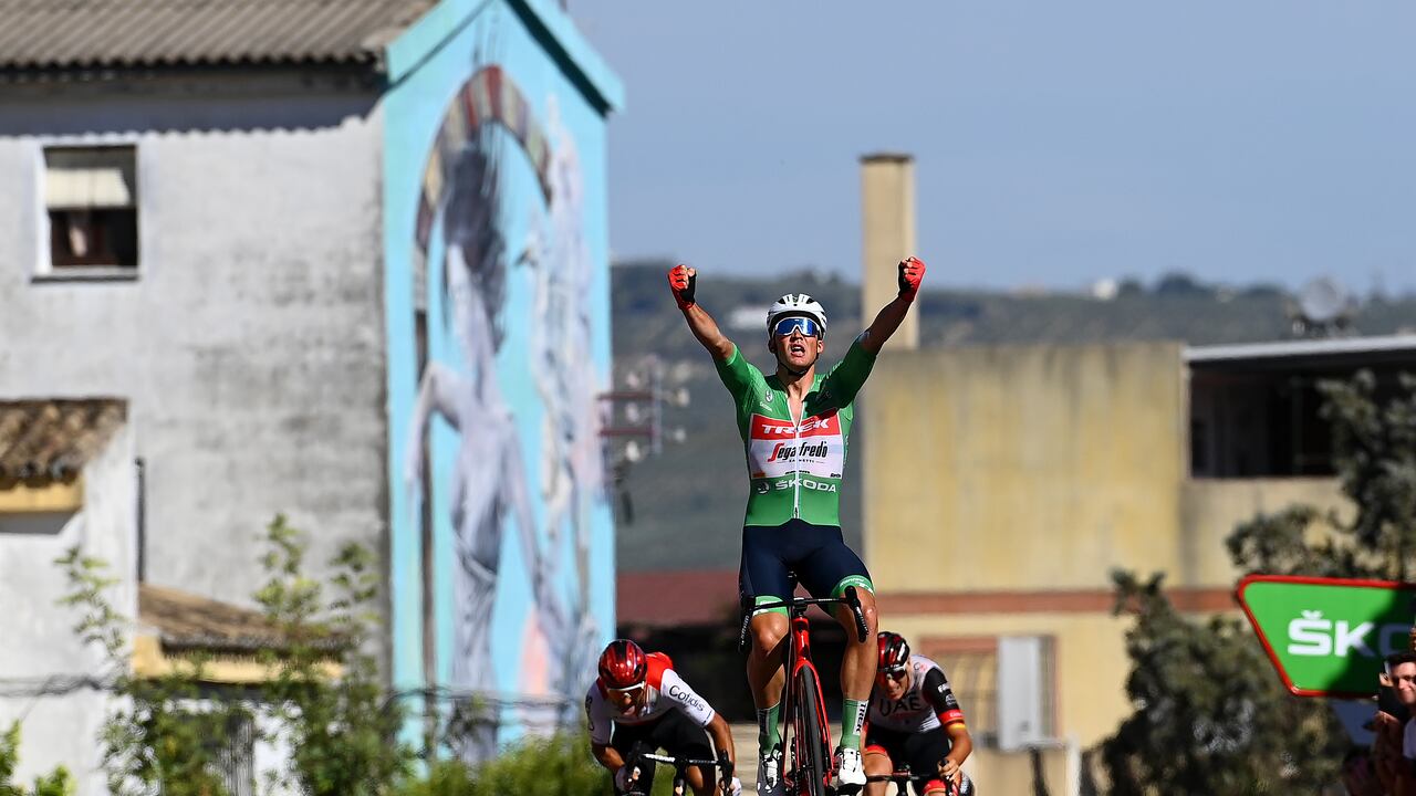 MONTILLA, SPAIN - SEPTEMBER 02: Mads Pedersen of Denmark and Team Trek - Segafredo - Green Points Jersey celebrates at finish line as stage winner during the 77th Tour of Spain 2022, Stage 13 a 168,4km stage from Ronda to Montilla 315m / #LaVuelta22 / #WorldTour / on September 02, 2022 in Montilla, Spain. (Photo by Tim de Waele/Getty Images)