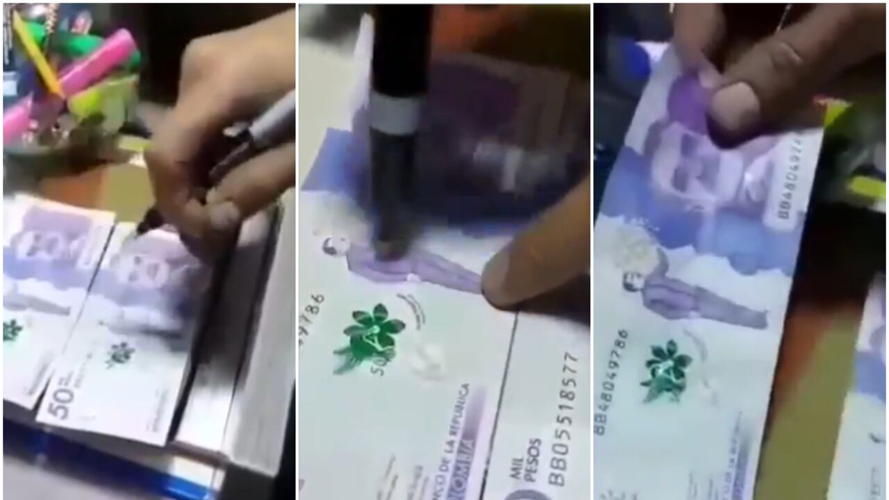 Un comerciante denunció que estos billetes falsos de 50.000 pesos están hechos con un papel muy parecido al original.