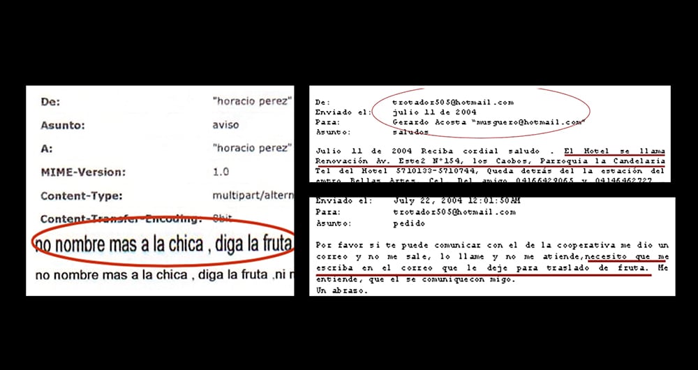   Correos remitidos a la familia Cubas en los cuales es evidente la estrategia de comunicación acordada entre Rodrigo Granda y Osmar Martínez del EPP.