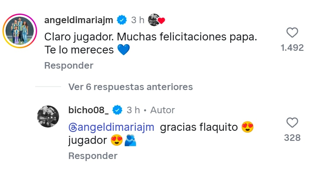 Ángel Di María felicitando a Jaminton Campaz, tras su llamado a la Selección Colombia