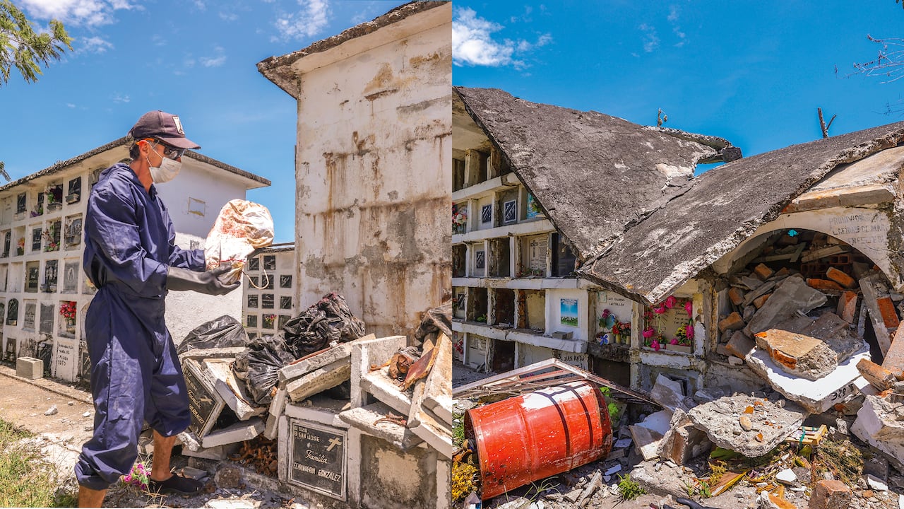 El terremoto tumbó varias estructuras en cemento, sacudió los osarios y los restos de varios fallecidos terminaron esparcidos en los camposantos.