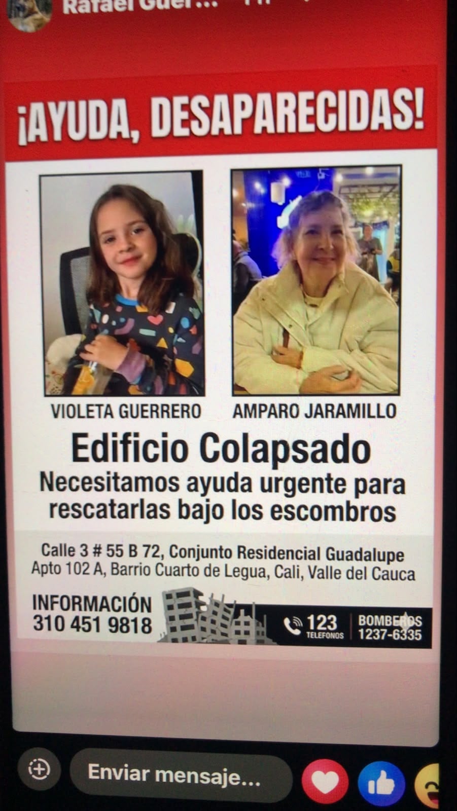La niña Julieta Guerrero y la adulta mayor Amparo Jaramillo están desaparecidas.