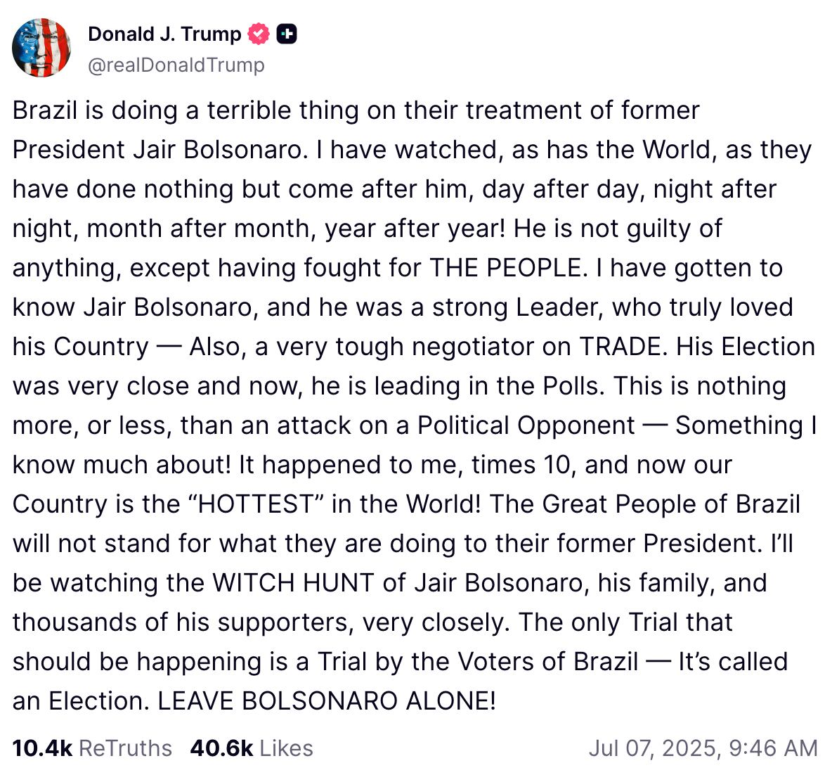 Este fue el mensaje publicado por el mandatario norteamericano