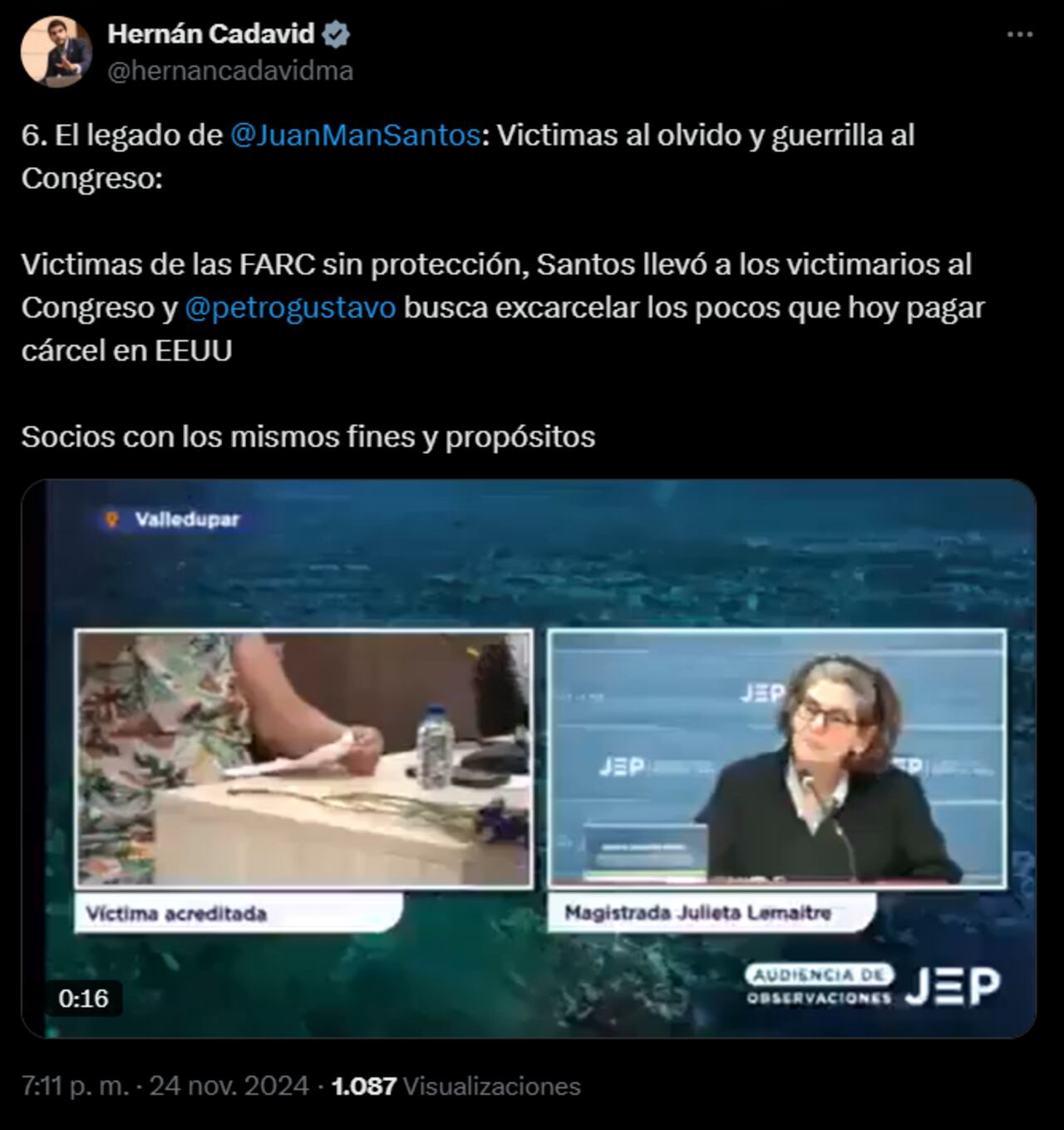 Hernán Cadavid presentó un video en el que una víctima de las FARC revela que su agresor, conocido como "El Tornillo", ahora es senador, criticando el trato que Santos dio a las víctimas y victimarios.