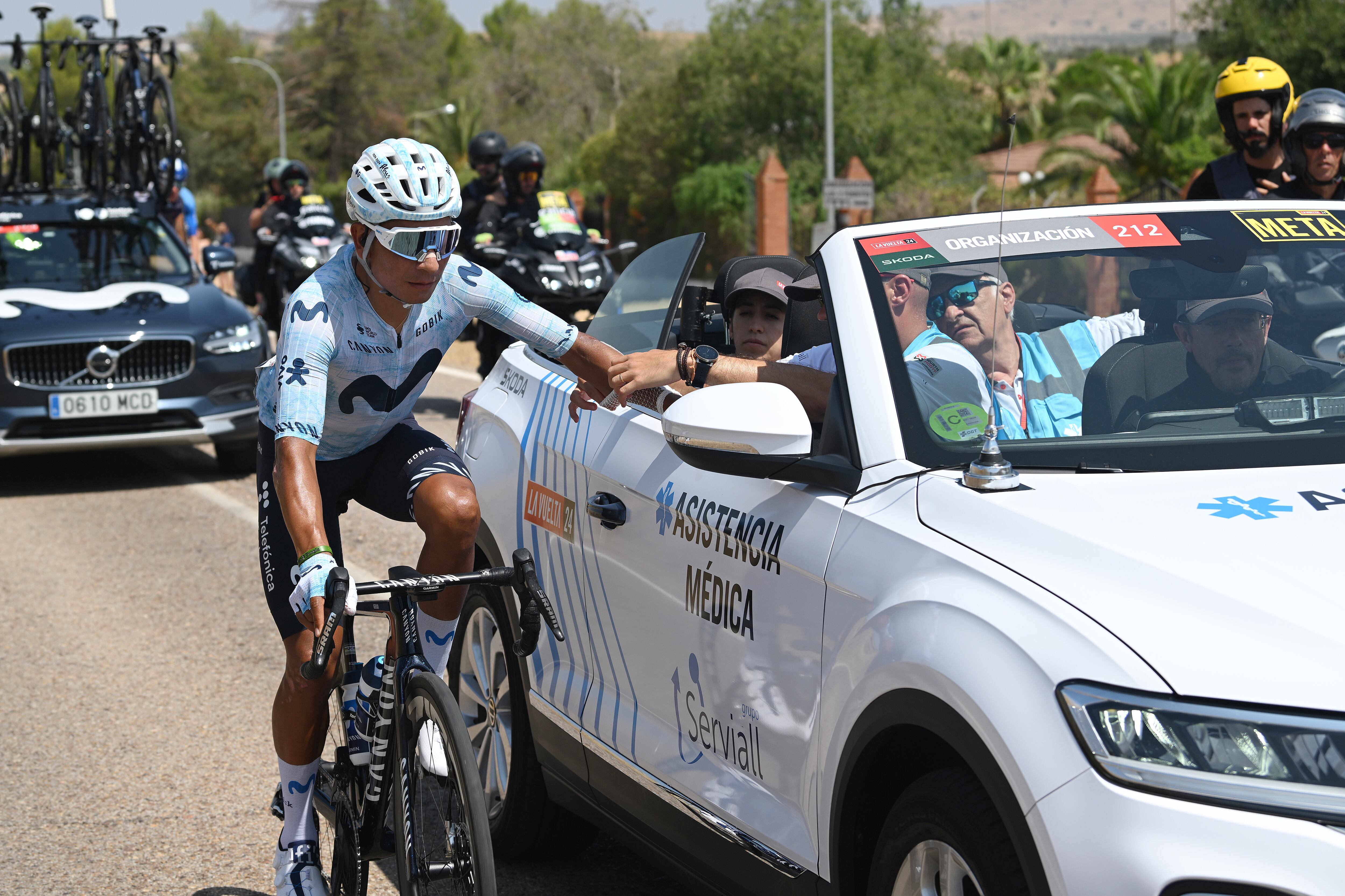 FUENTE DEL MAESTRE, SPAIN - AUGUST 21: Nairo Quintana of Colombia and Team Movistar is treated by medical services during La Vuelta, 79th Tour of Spain 2024, Stage 5 a 177km stage Fuente del Maestre to Seville / #UCIWT / on August 21, 2024 in Seville, Spain. (Photo by Dario Belingheri/Getty Images)