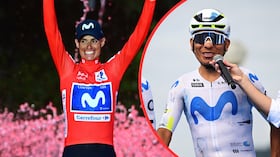 Nairo Quintana (der.) felicitó a Enric Mas (izq.) luego de la Vuelta a España 2026.