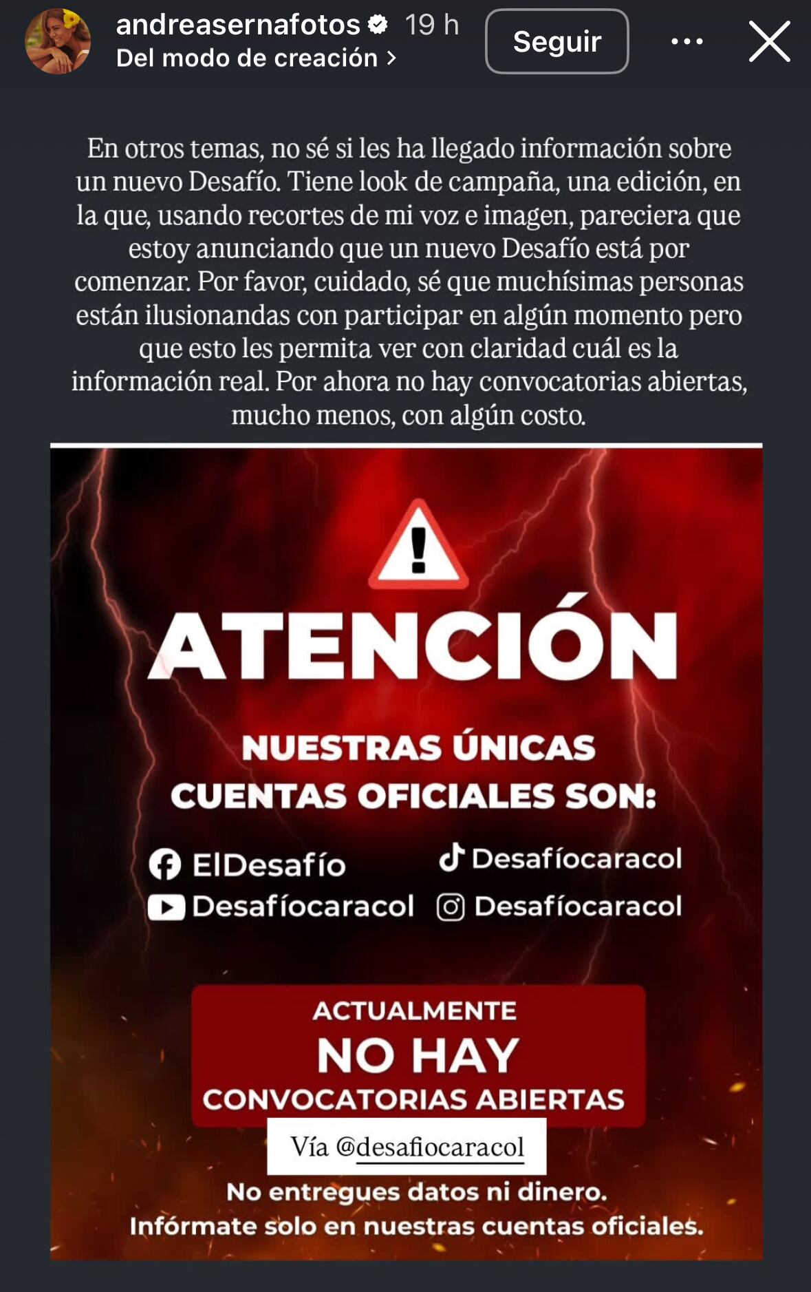 Andrea Serna preocupó a sus seguidores con reciente publicación.