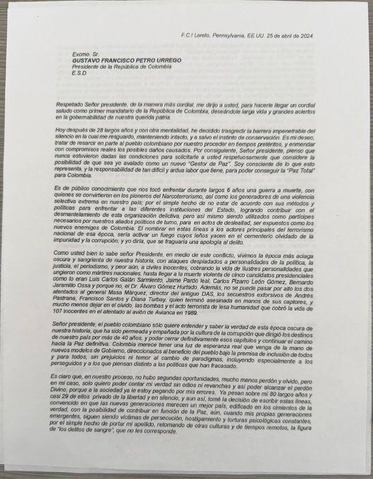 Carta de Miguel Rodríguez Orejuela, exjefe del cartel de Cali, al presidente Gustavo Petro.