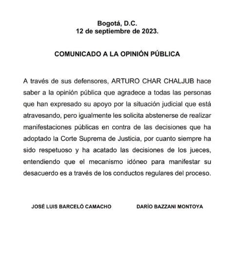 Este fue el comunicado que presentó la defensa de Arturo Char
