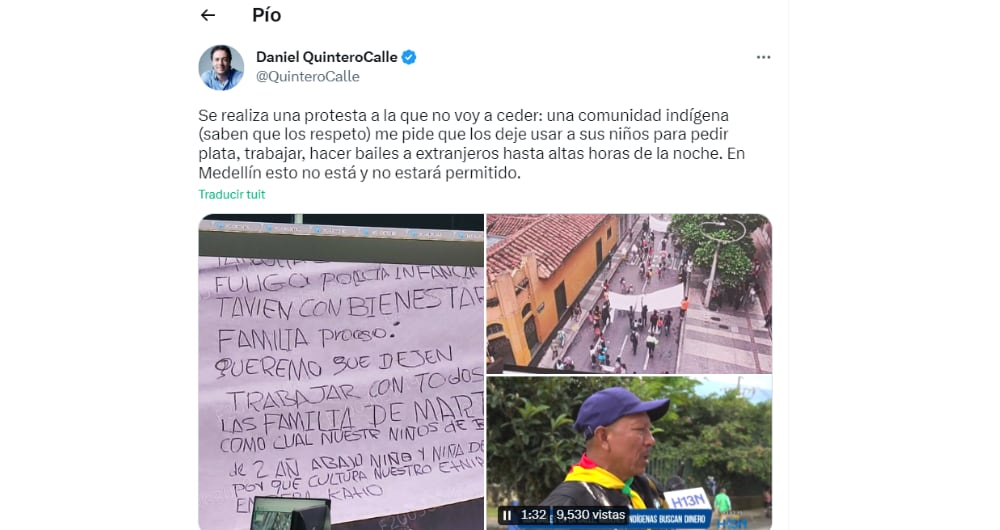 Trino de Daniel Quintero sobre toma de indígenas en la Alcaldía.