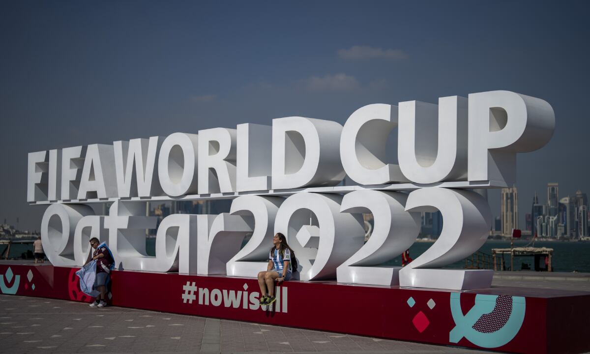 Argentinian fans gather at the Doha Corniche in Doha, Qatar, Monday, Nov. 21, 2022. (AP/Manu Fernandez)