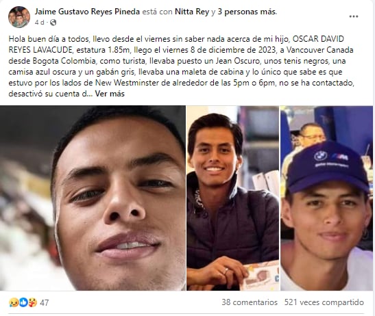Óscar David Reyes desapareció desde su llegada a Vancouver, Canadá.