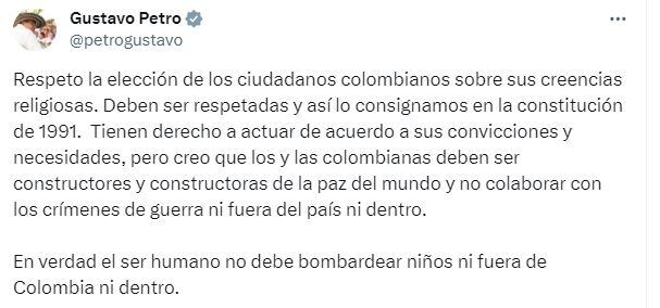 Presidente Petro pide no contribuir con los "crímenes de guerra" que se presentan en Israel,