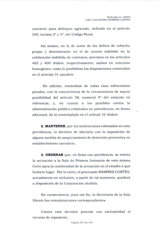 Este auto niega la libertad o prisión domiciliaria del excongresista Ciro Ramírez, y describe, una a una, las presuntas irregularidades y delitos que habría cometido con la red de corrupción en el DPS.