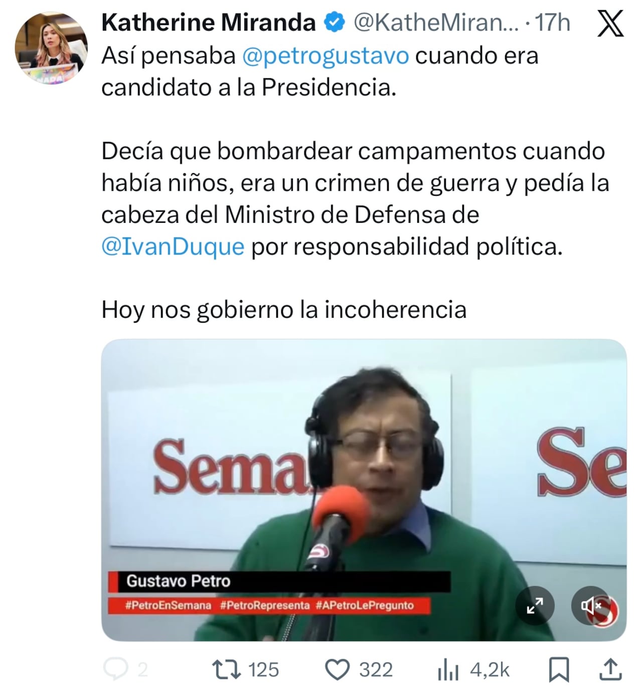 Post de Katherine Miranda en su cuenta personal de X