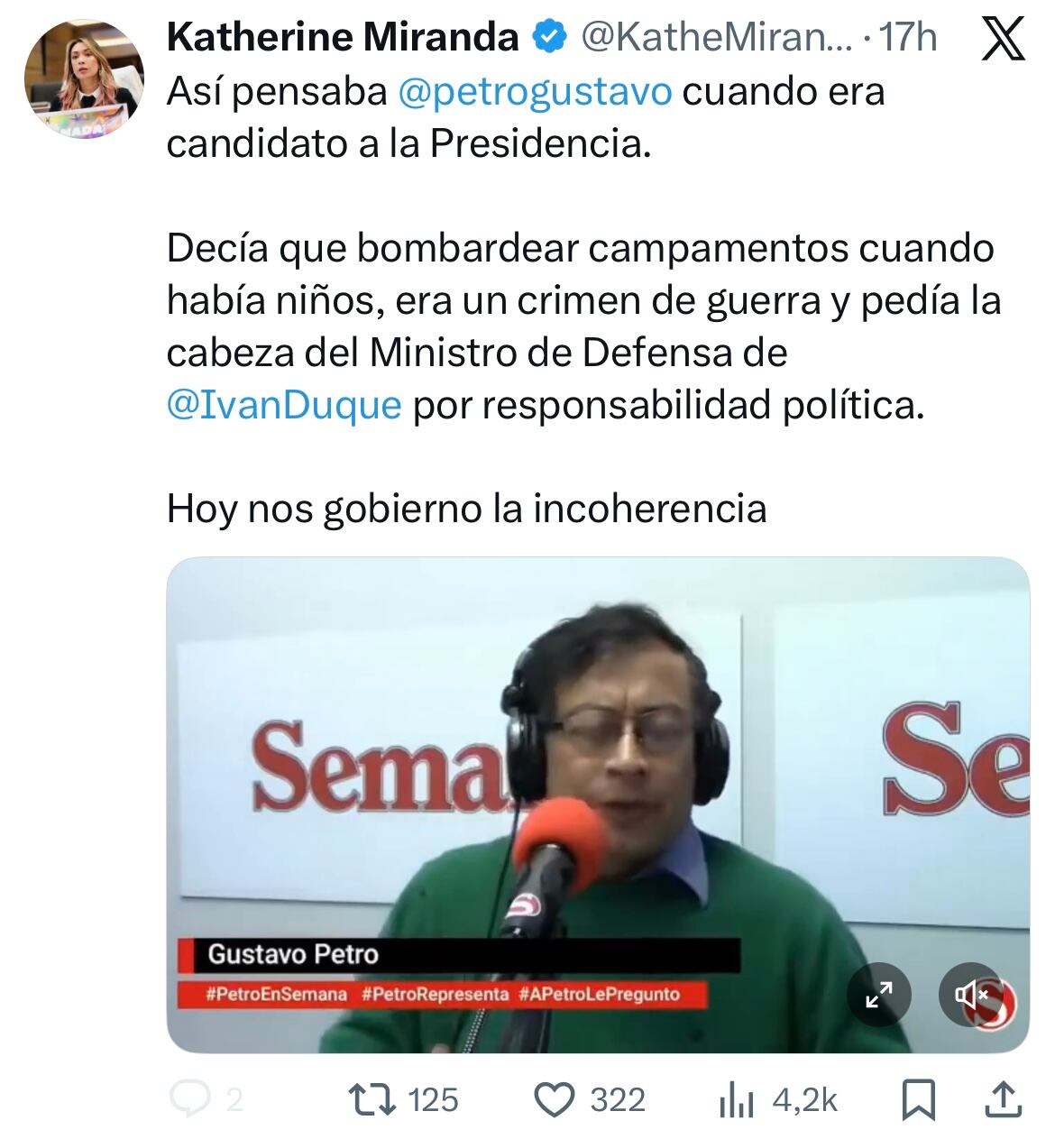 Post de Katherine Miranda en su cuenta personal de X