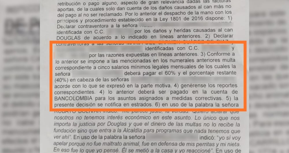 Multa impuesta por la policía de Cota a los agresores y dueños del perro "Douglas", quemado con agua hirviendo.