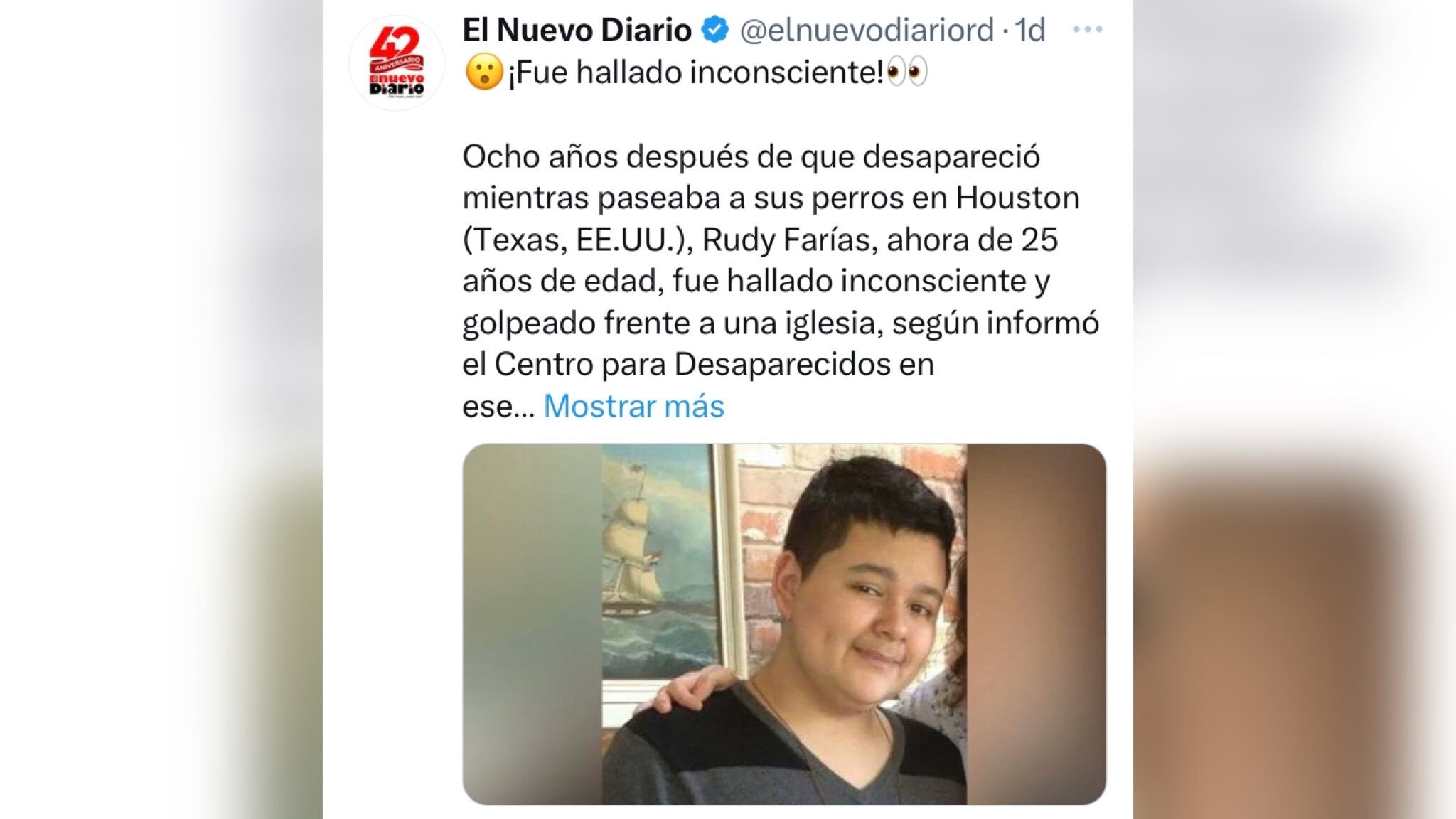 Se trata de Rudolph “Rudy” Farias IV, a quien su familia buscó durante ocho años, después de que misteriosamente desapareció en Houtson, Texas, Estados Unidos, cuando, como lo hacía regularmente sacó a pasear a sus perros.