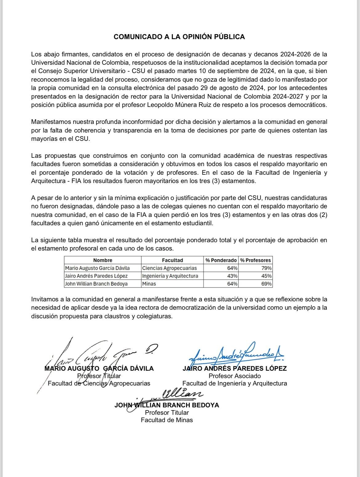 Comunicado profesores Universidad Nacional