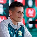 James Rodríguez habla en una conferencia de prensa durante una presentación como nuevo jugador del Club León en la casa club La Esmeralda, el 14 de enero de 2025 en León, México (Foto de Leopoldo Smith/Getty Images)