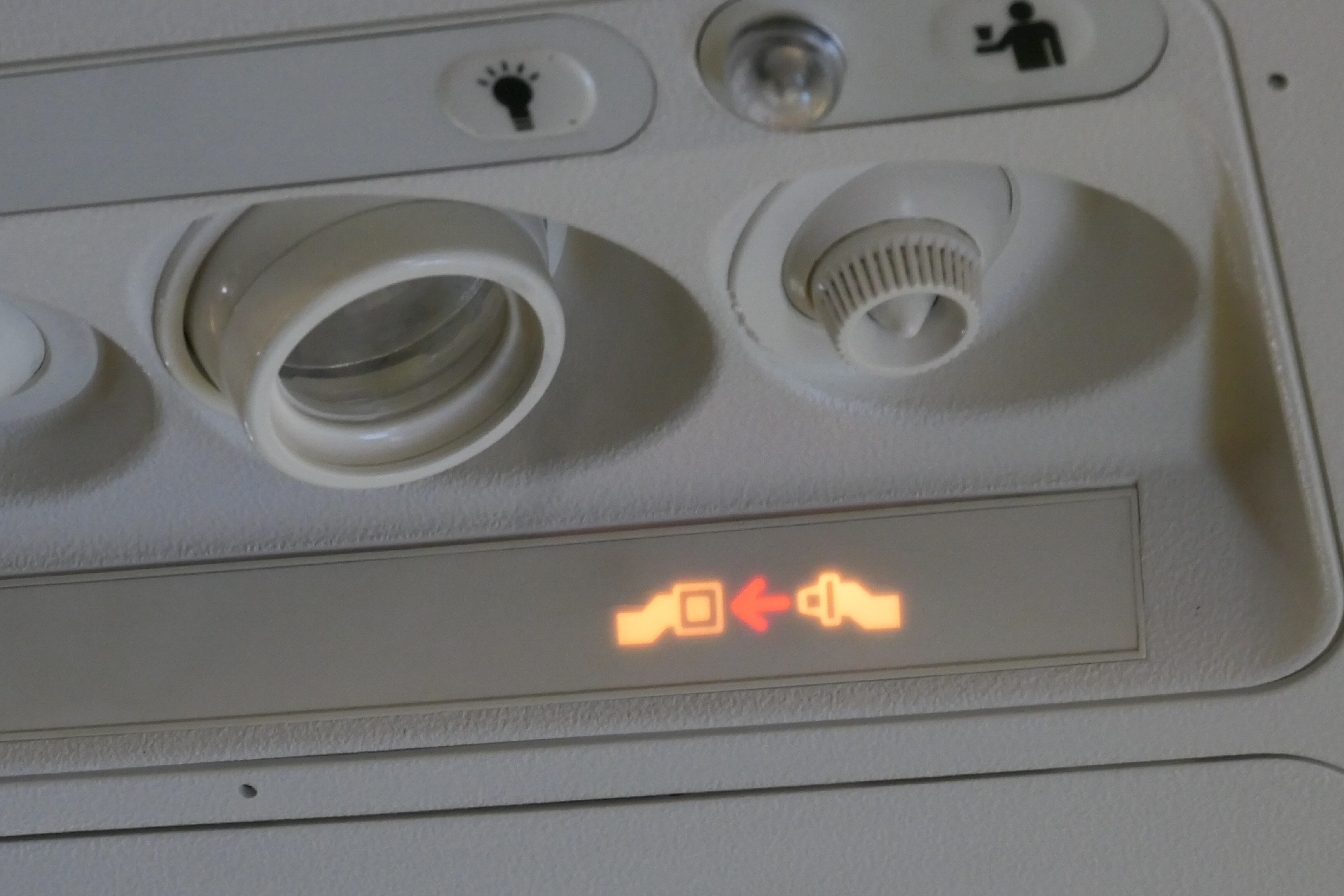 Ventilation system, flight attendant button and light, fasten seatbelt sign, individual cabin light and no smoking sign. Inside a Ryanair low cost budget airline in the European route FR1818 from Thessaloniki Makedonia Airport SKG LGTS in Greece to Eindhoven Airport EIN EHEH in the Netherlands.  The interior of the Boeing 737-800 aircraft with registration EI-EBM is seen during the flight, the seats, the legroom, seatbelt, aisle, spacing, emergency exit, inflight magazine, emergency exit, window view, safety card and air ventilation system and seatbelt fasten sign. (Photo by Nicolas Economou/NurPhoto via Getty Images)