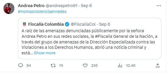 Amenazas públicas en redes sociales a Andrea Petro y Daniel Rojas son investigadas por la fiscalía.
