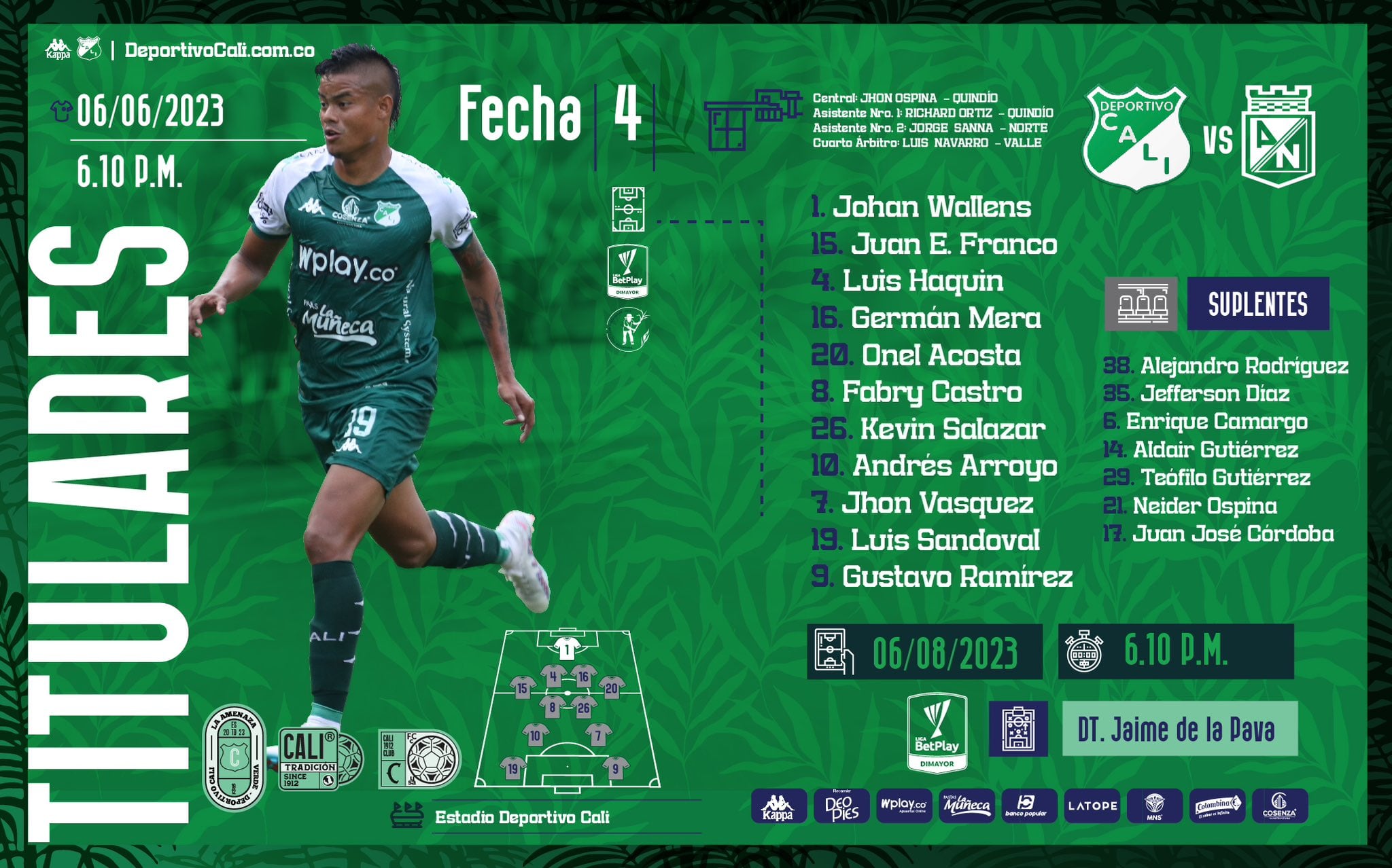 Alineación del Deportivo Cali ante Nacional.