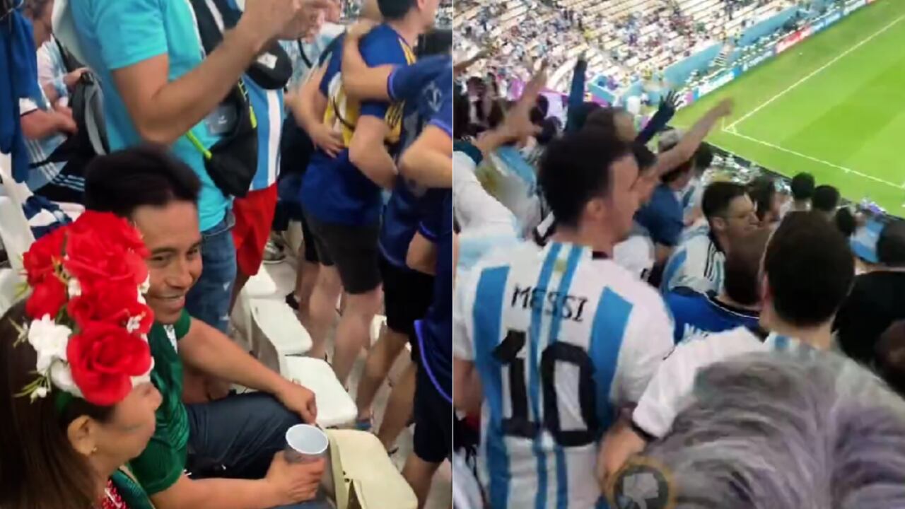 Hinchas mexicanos en medio de la tribuna argentina.
