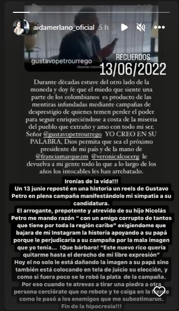 Aida Merlano reflexionó sobre Nicolás Petro.
