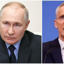 El gobierno de Vladimir Putin advirtió con respuesta tras adhesión de Finlandia en la Otan. A la izquierda del presidente de Rusia y a la derecha el secretario general de la Otan Jens Stoltenberg.