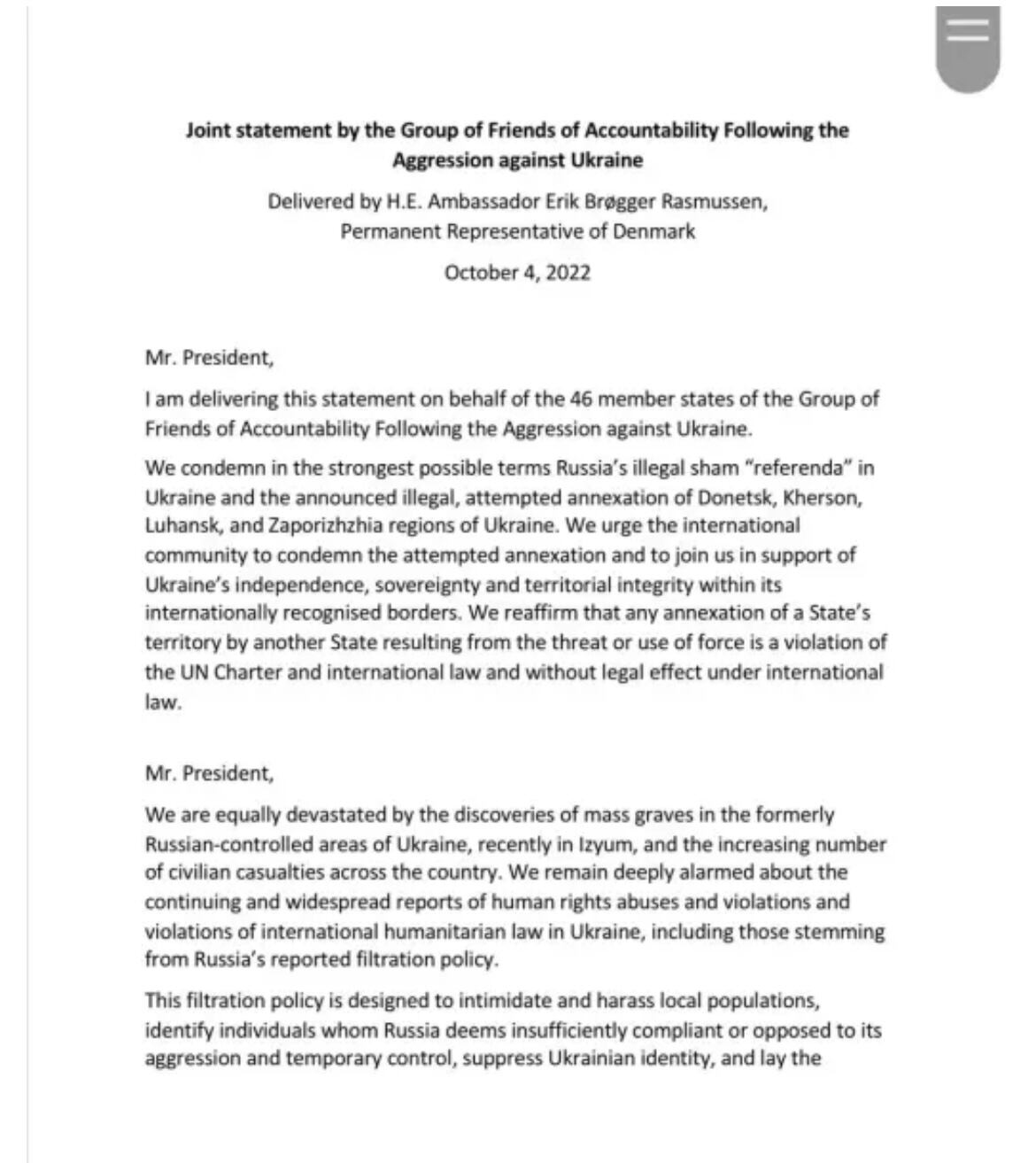 Documento ONU condena invasión Rusia a Ucrania