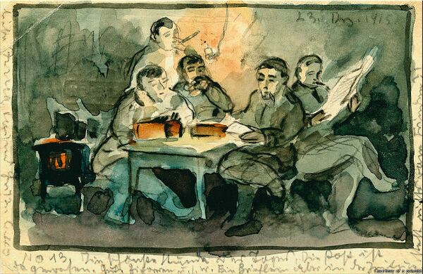 Schubert pintó su vida en el frente de batalla y recreó la estela de destrucción que iba dejando la guerra, pero también ilustró algunos de los momentos más tranquilos. Esta postal, fechada el día antes de Navidad en 1915, se llama "El mejor momento del día" y muestra a un grupo de soldados bajo tierra, en su trinchera, alejados del drama que ocurría en otros lugares. "Buenos cigarros, una carta, pero en el periódico no hay nada sobre la paz", dice un fragmento de lo que le escribió a Irma.