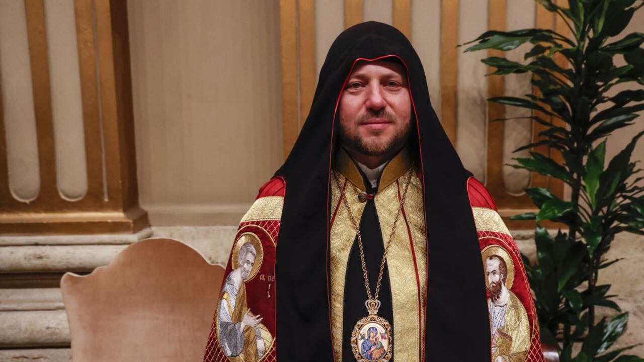 VATICAN CITY, VATICAN, DECEMBER 07: New cardinal Mykola Bychok, Bishop of the Ukrainian Catholic Eparchy of Saints Peter and Paul of Melbourne, Australia, poses for pictures after being elevated in a consistory celebrated by Pope Francis in St. Peter's Basilica at the Vatican, on December 07, 2024. (Photo by Riccardo De Luca/Anadolu via Getty Images)