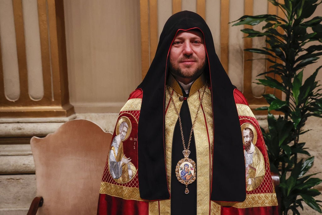 VATICAN CITY, VATICAN, DECEMBER 07: New cardinal Mykola Bychok, Bishop of the Ukrainian Catholic Eparchy of Saints Peter and Paul of Melbourne, Australia, poses for pictures after being elevated in a consistory celebrated by Pope Francis in St. Peter's Basilica at the Vatican, on December 07, 2024. (Photo by Riccardo De Luca/Anadolu via Getty Images)