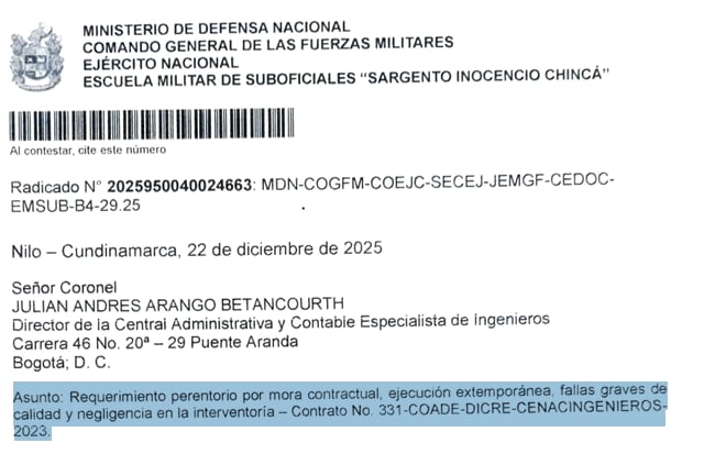 Documento donde se evidencia- según el propio Ejército- fallas en la interventoría de las obras que costaron miles de millones de pesos.