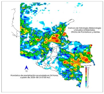 Mapa del clima en Colombia para el viernes 21 de agosto.