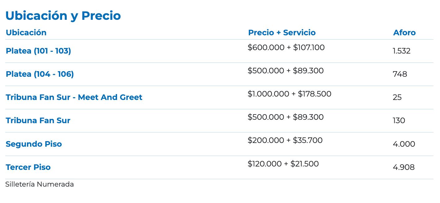 Precios de la boletería para el concierto de Heredero en el Movistar Arena, en Bogotá.