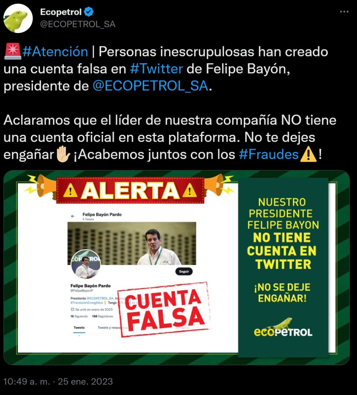 Denuncia Ecopetrol - cuenta falsa Felipe Bayón
