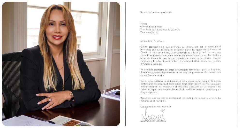 La carta de renuncia de la Alta Consejera para las Regiones, Sandra Ortiz.