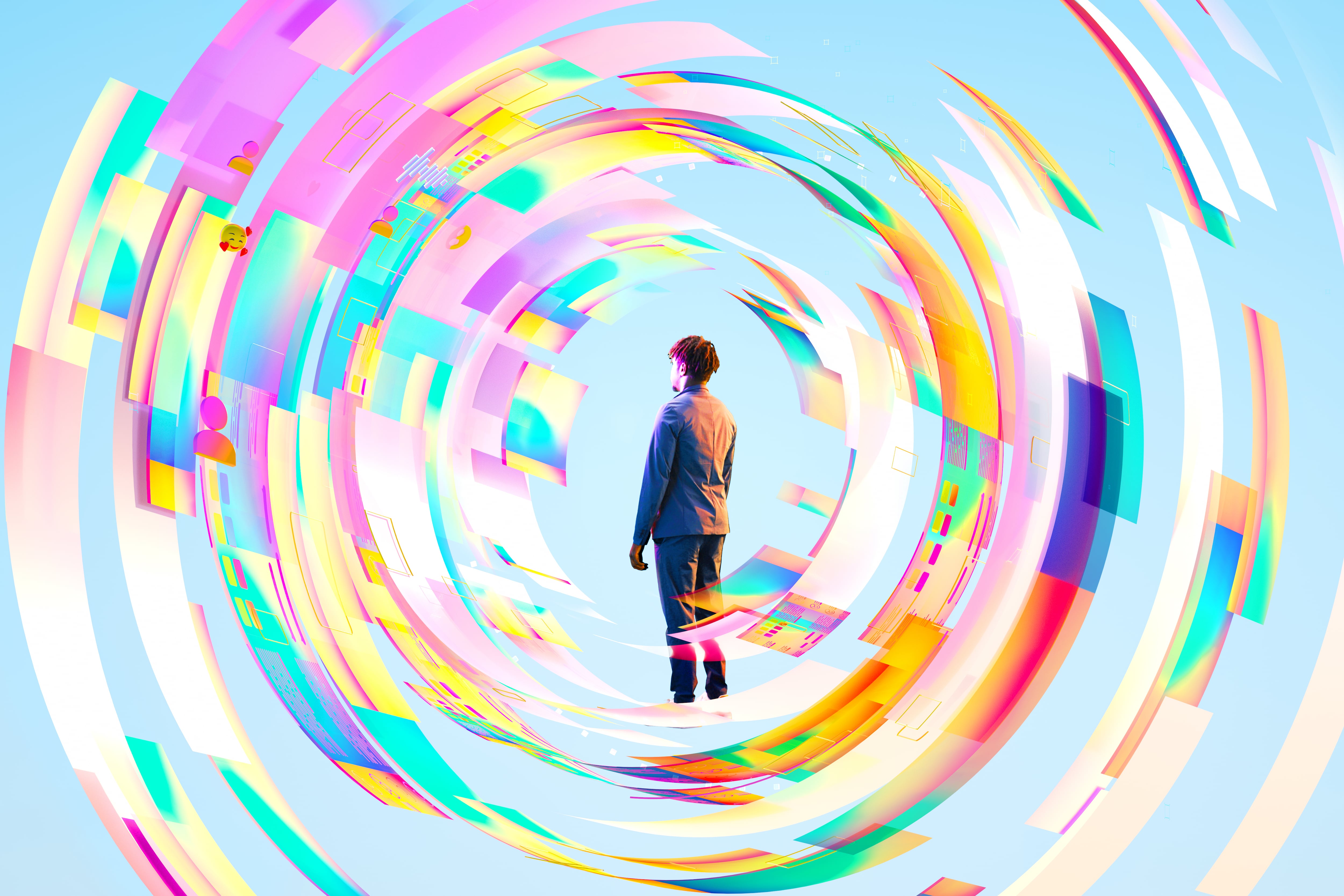 Digital generated image of young man with dark skin tone wearing suit standing inside multicoloured circular data pattern against blue background.