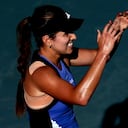 Colombia's Camila Osorio reacts after beating Russia's Kamilla Rakhimova in the WTA 2024 women's singles quarterfinals match in Zapopan, Mexico, on September 13, 2024. (Photo by ULISES RUIZ / AFP)