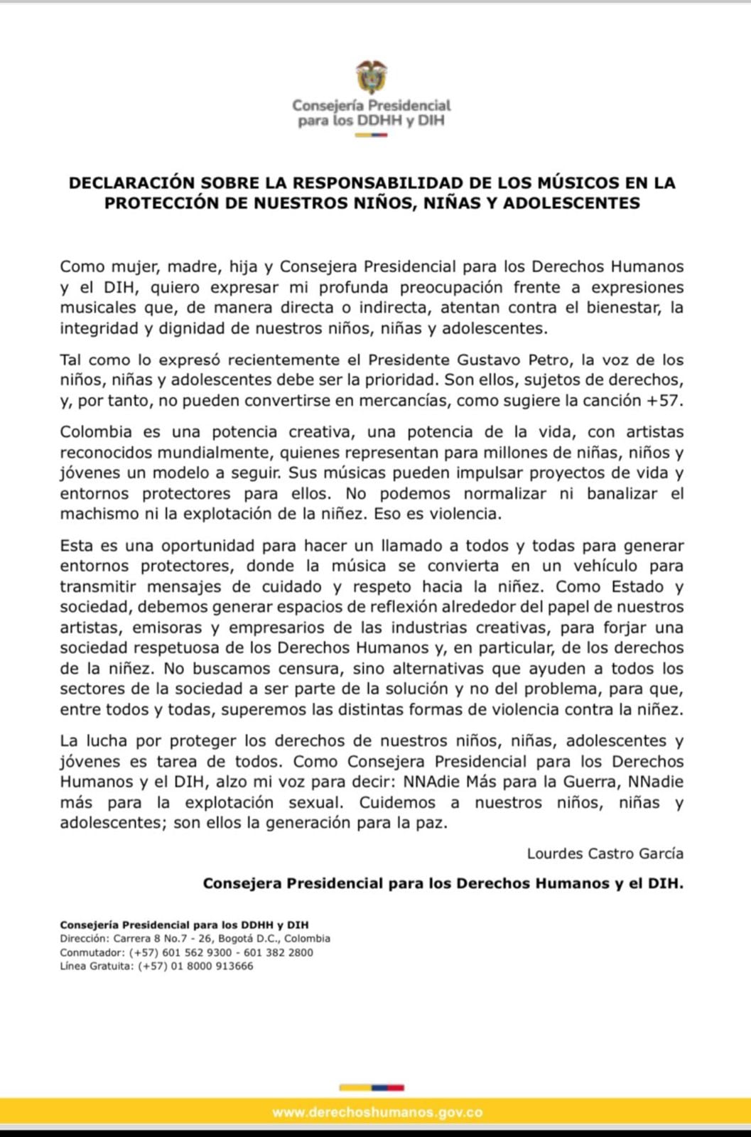 Comunicado Consejería Presidencial de Derechos Humanos por la canción +57