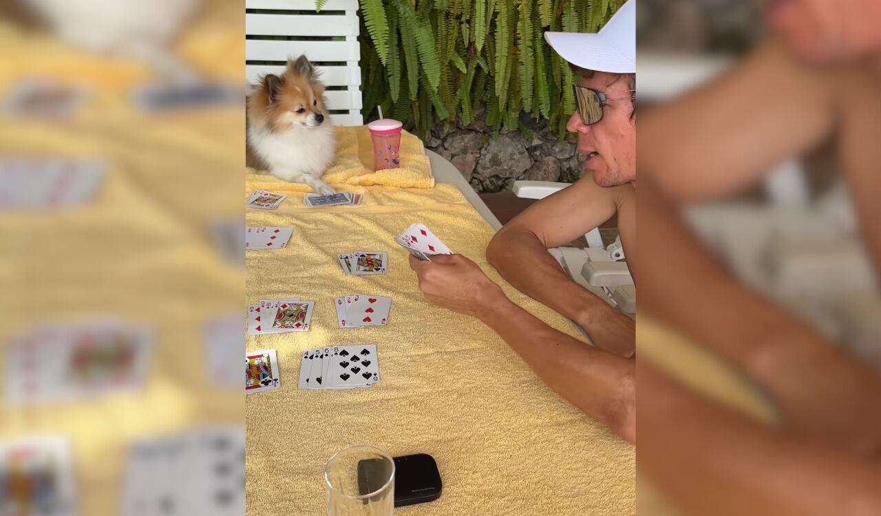 Rigoberto Urán jugando cartas con su perro