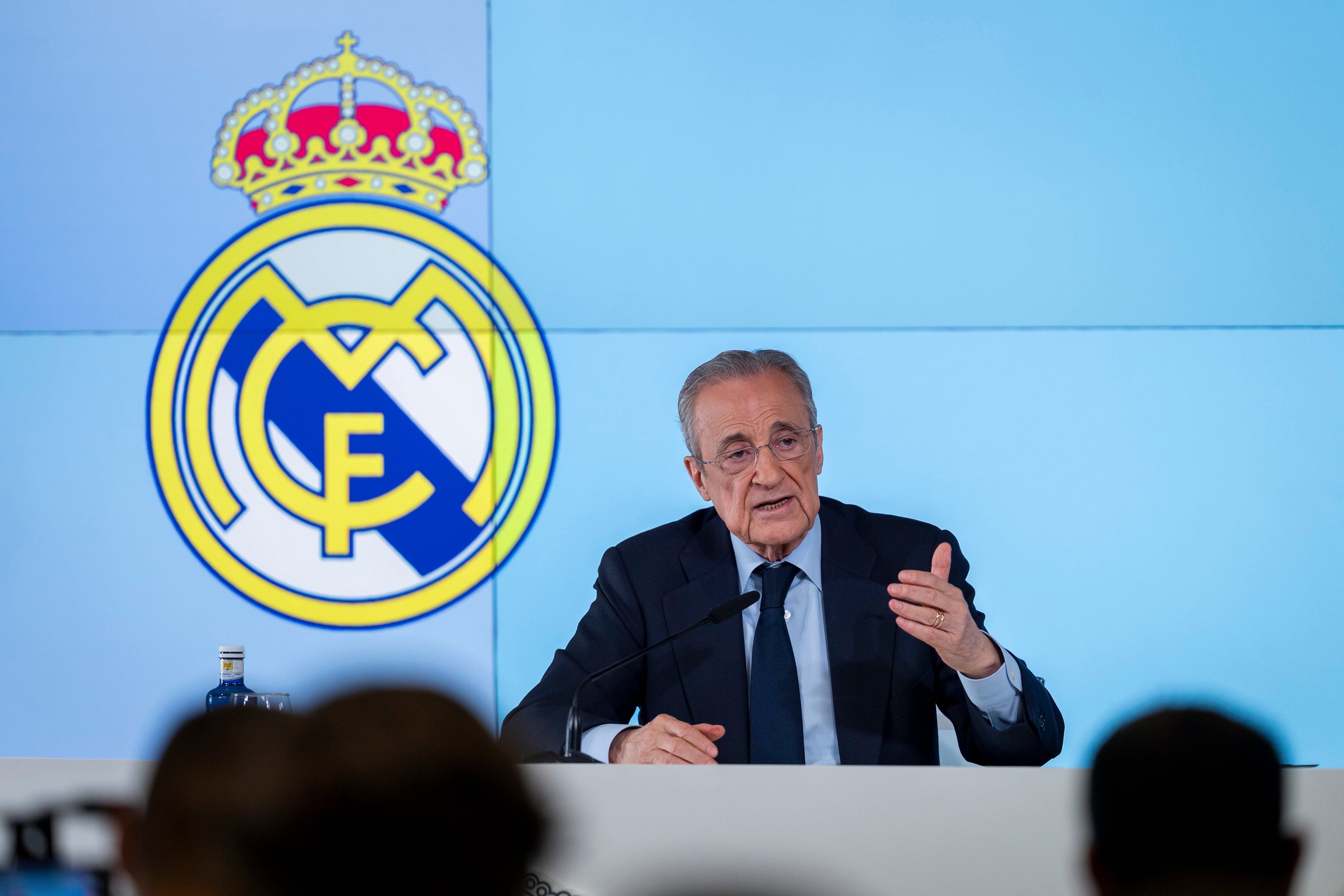 Florentino Perez, President of Real Madrid, speaks during a press conference announcing that he will call elections for the presidency of Real Madrid at Ciudad Real Madrid on May 12, 2026, in Madrid, Spain. (Photo by Alberto Gardin/NurPhoto via Getty Images)