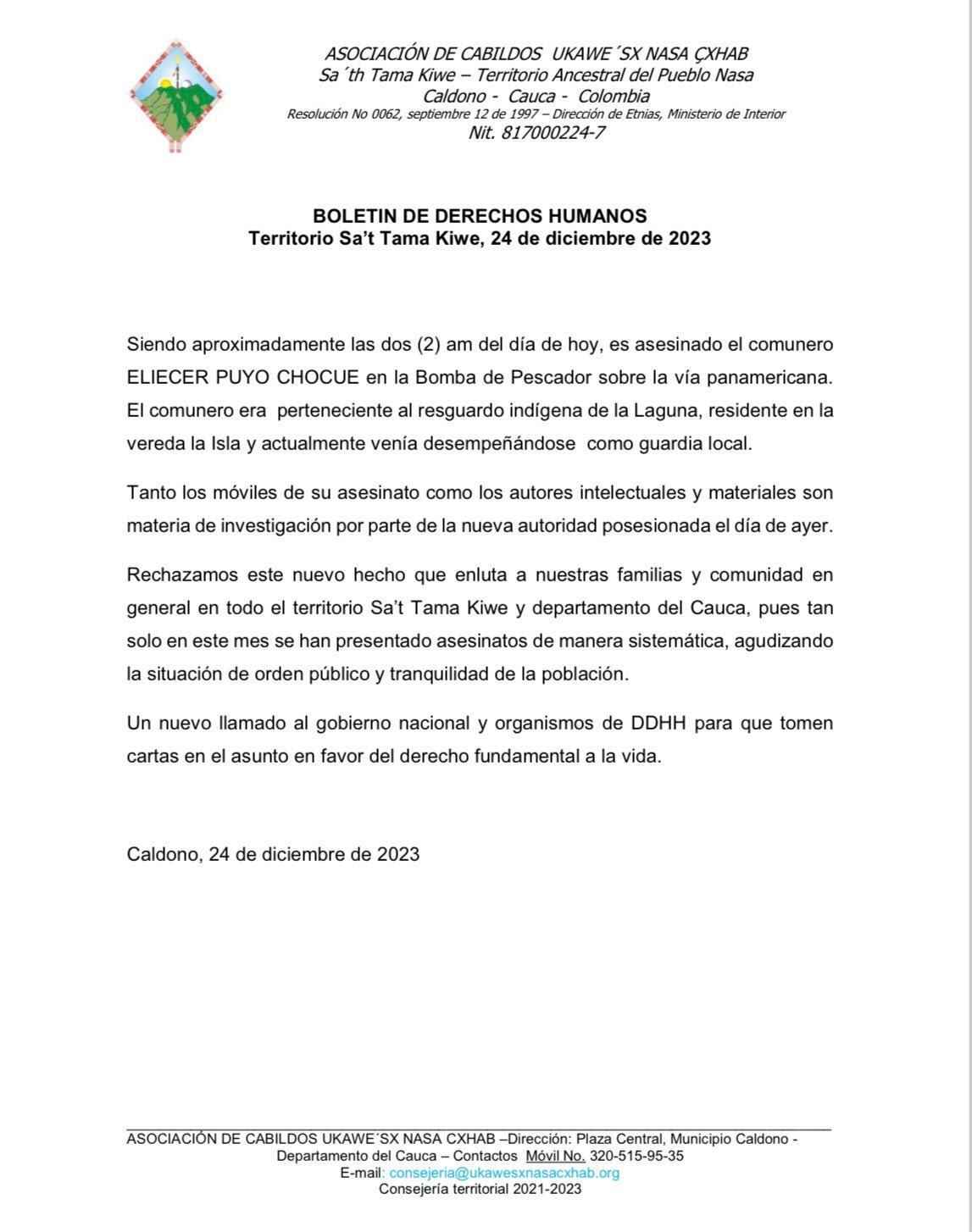 El asesinato del líder indígena ocurre en medio de una escalada de violencia en el departamento.