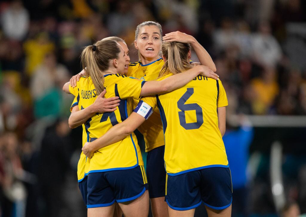 BRISBANE, AUSTRALIA - AUGUST 19: Linda Sembrant, Magdalena Eriksson, Elin Rubensson and Jonna Andersson of Sweden celebrate at the final whistle of the FIFA Women's World Cup Australia & New Zealand 2023 Third Place Match match between Sweden and Australia at Brisbane Stadium on August 19, 2023 in Brisbane, Australia. (Photo by Joe Prior/Visionhaus via Getty Images)