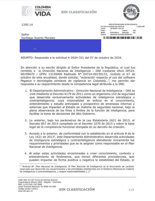 Respuesta de la Dirección Nacional de Inteligencia (DNI) sobre la compra de Pegasus.