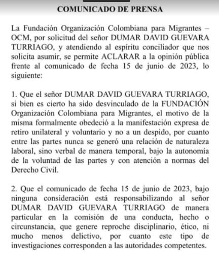 Comunicado desde la Organización Colombiana para Migrantes