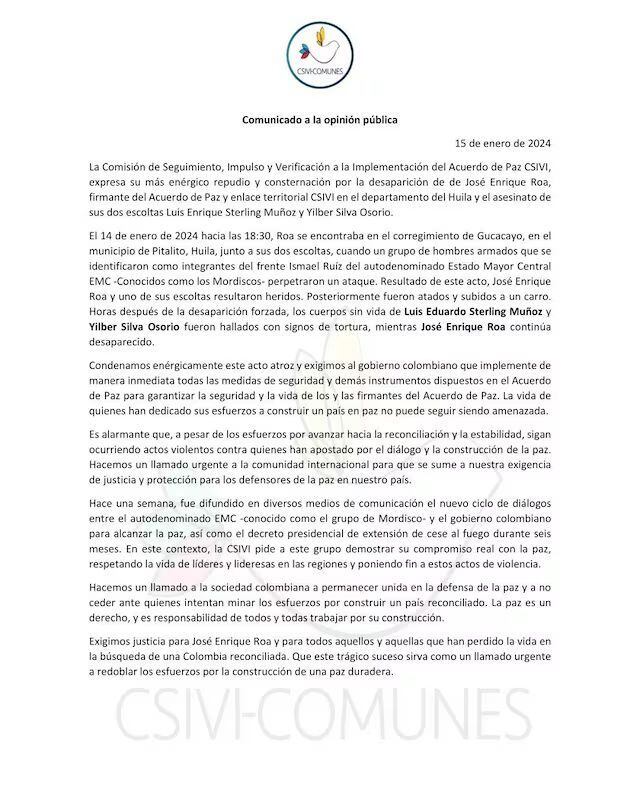 Comunicado de la Comisión de Seguimiento, Impulso y Verificación a la Implementación del Acuerdo de Paz