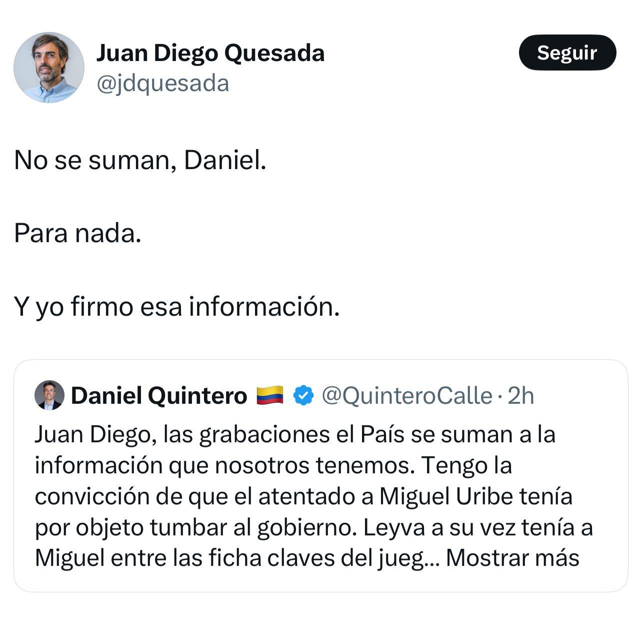 Respuesta del periodista de El País a Daniel Quintero.
